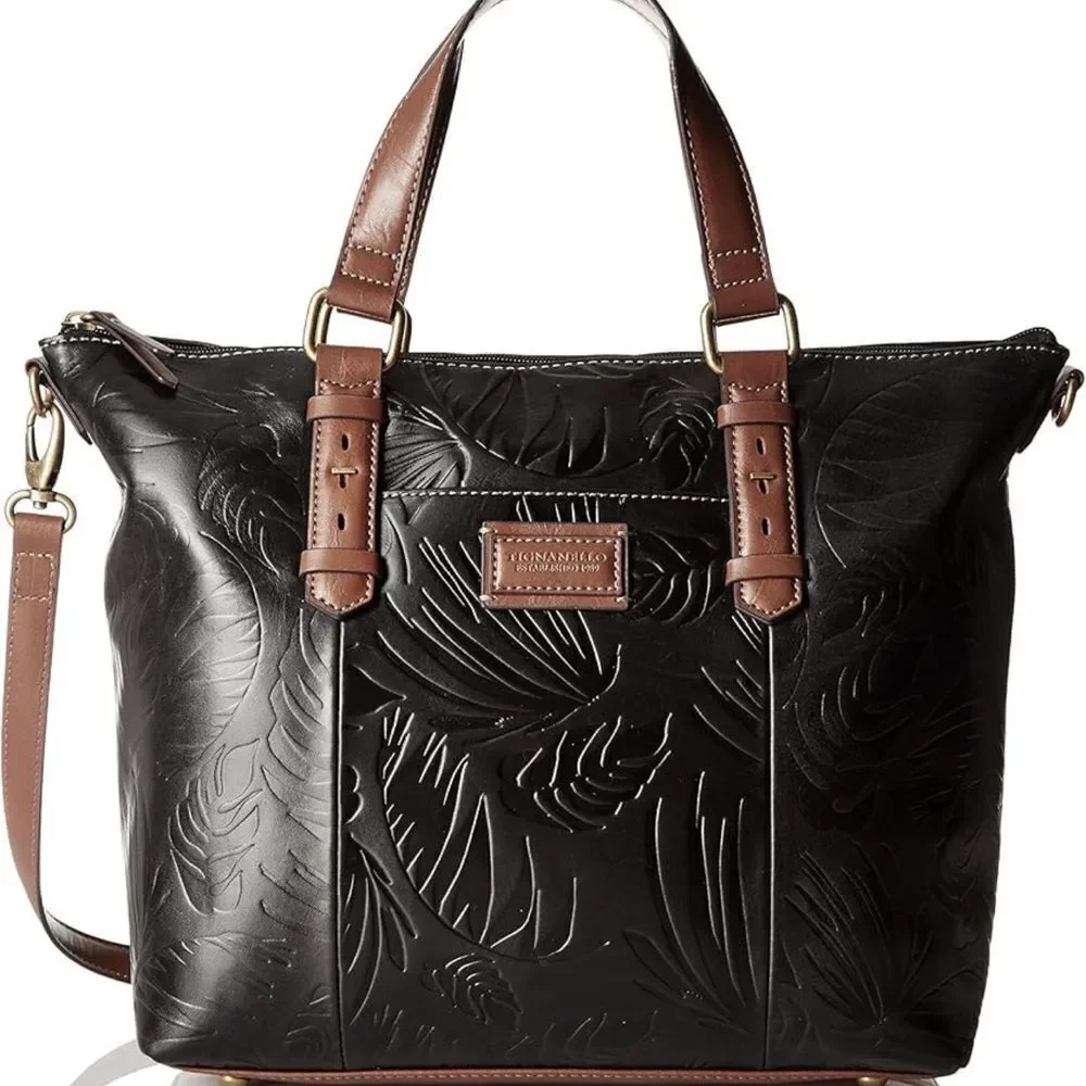 Tignanello Black Leather Brown Palm Leaf Embossed Hobo Purse Tote New No Tags